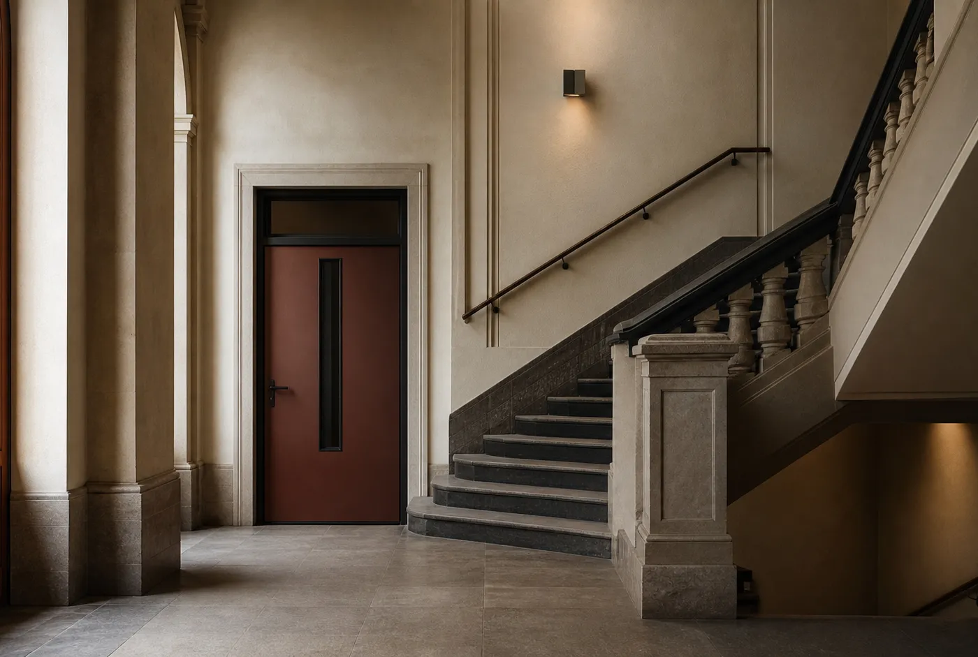 Historisches Treppenhaus mit brandschutztechnisch ertuechtigter Tuer