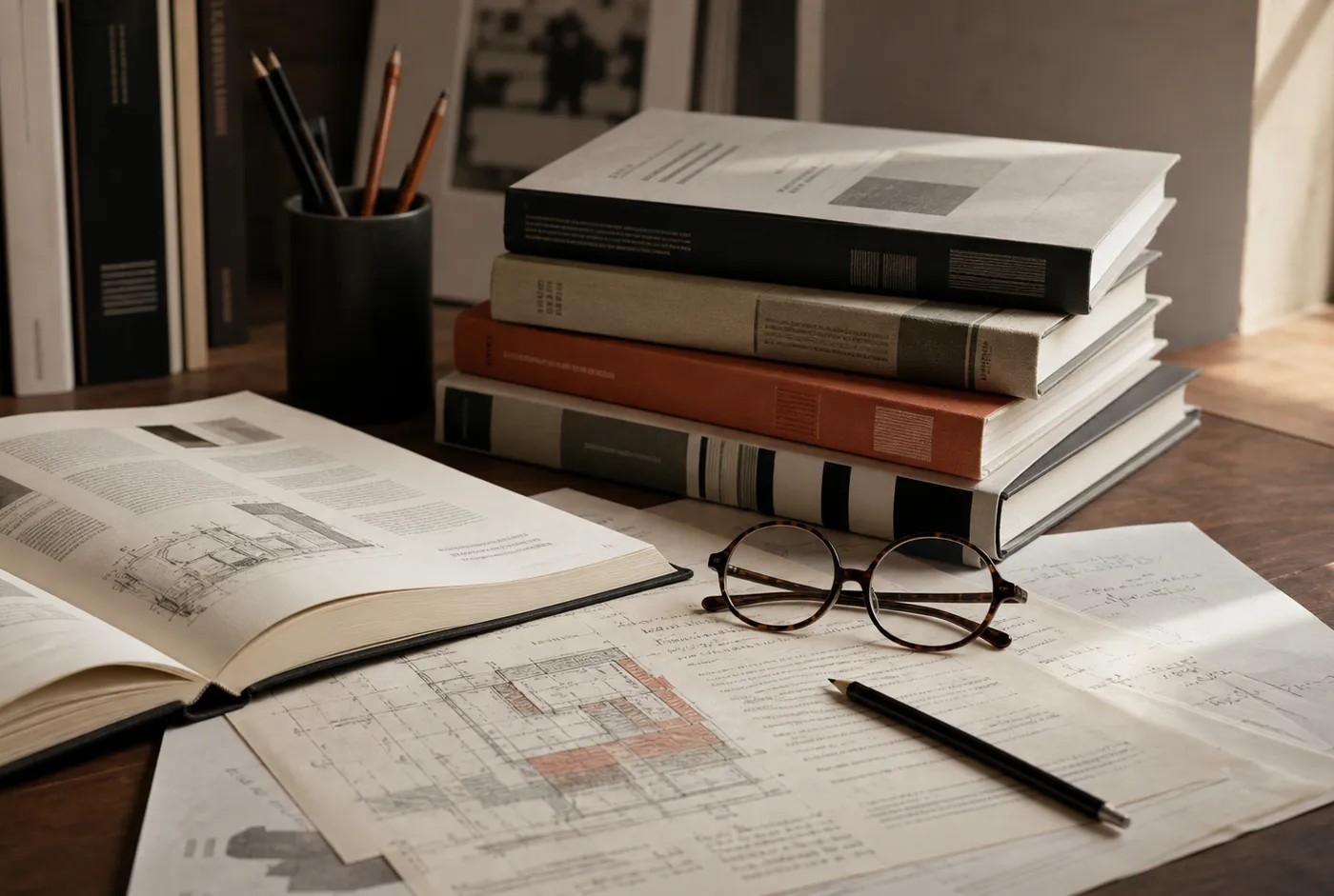 Fachbuecher, Bauplaene und Manuskriptseiten auf einem Schreibtisch
